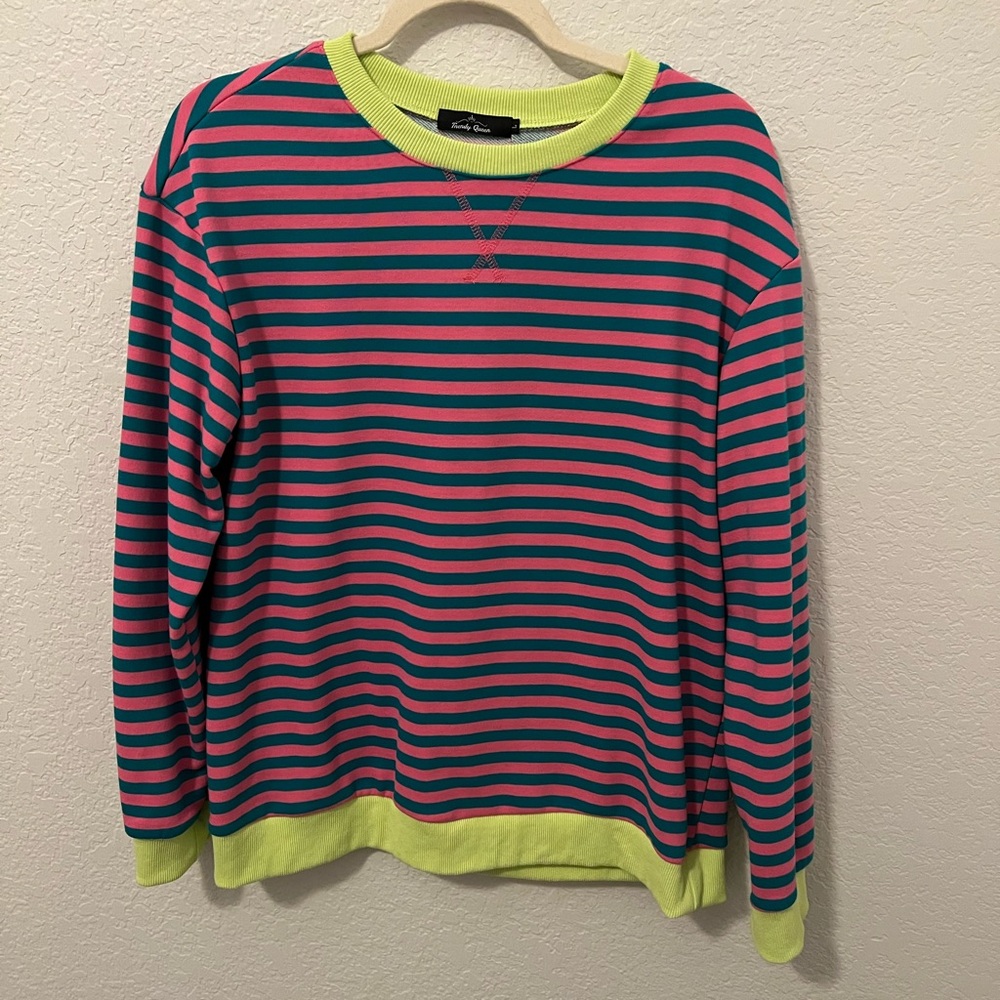Striped Pink and Blue Sweater with Neon Green Accents